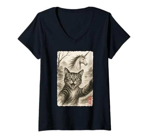 Damen Lustige überraschte verängstigte Katze Macht Selfie mit Einhorn Sumi-e T-Shirt mit V-Ausschnitt Damen Lustige überraschte verängstigte Katze Macht Selfie mit Einhorn Sumi-e T-Shirt mit V-Ausschnitt von Cat Sumi-e Kawaii Ink Painting Japanese Cute Gifts