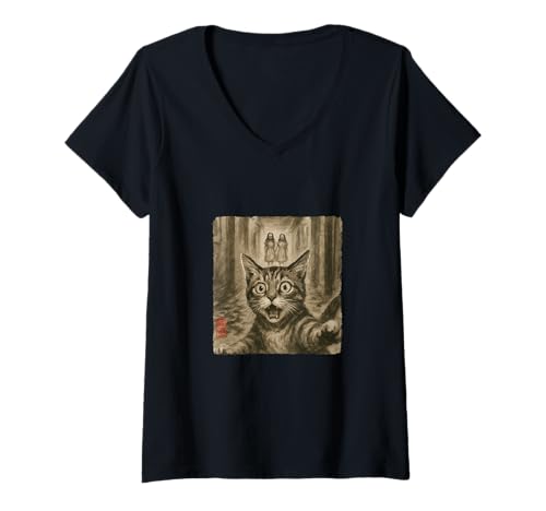 Damen Lustige überraschte verängstigte Katze Macht Selfie mit Geistern Sumi-e T-Shirt mit V-Ausschnitt Damen Lustige überraschte verängstigte Katze Macht Selfie mit Geistern Sumi-e T-Shirt mit V-Ausschnitt von Cat Sumi-e Kawaii Ink Painting Japanese Cute Gifts