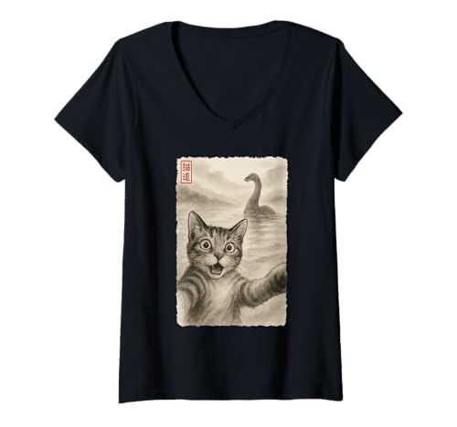 Damen Lustige überraschte verängstigte Katze nimmt Selfie Loch Ness Sumi-e T-Shirt mit V-Ausschnitt von Cat Sumi-e Kawaii Ink Painting Japanese Cute Gifts