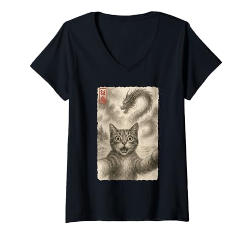 Damen Lustiges Sumi-e Kawaii überrascht Angst Katze Selfie mit Drachen T-Shirt mit V-Ausschnitt von Cat Sumi-e Kawaii Ink Painting Japanese Cute Gifts