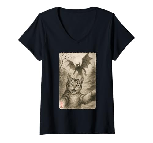 Damen Lustiges Sumi-e Kawaii überrascht verängstigt Katze Selfie mit Mottenmann T-Shirt mit V-Ausschnitt von Cat Sumi-e Kawaii Ink Painting Japanese Cute Gifts