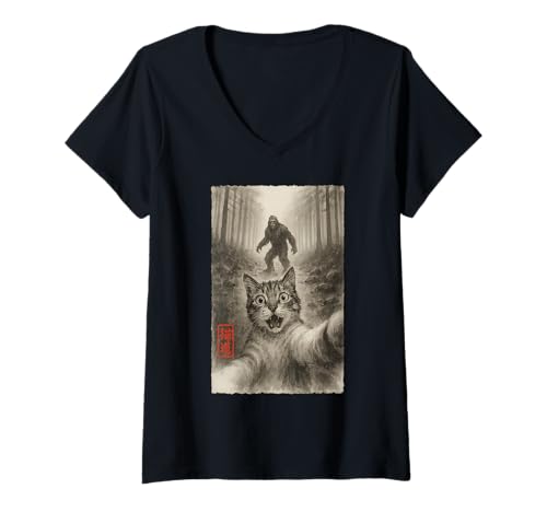 Damen Lustiges überraschtes Katzen-Selfie mit Sasquatch Bigfoot T-Shirt mit V-Ausschnitt von Cat Sumi-e Kawaii Ink Painting Japanese Cute Gifts