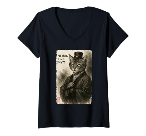 Damen NI Hao Fine Shyt Funny Meme Cat Sumi-e Japanische Kunst T-Shirt mit V-Ausschnitt Damen NI Hao Fine Shyt Funny Meme Cat Sumi-e Japanische Kunst T-Shirt mit V-Ausschnitt von Cat Sumi-e Kawaii Ink Painting Japanese Cute Gifts