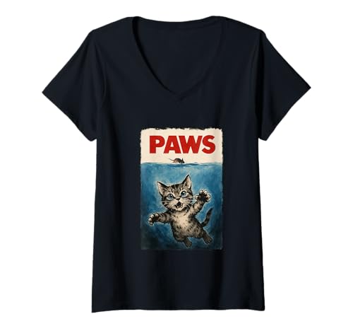 Damen Paws Parody Lustiges Katzenkätzchen jagt eine erschrockene Maus Sumi-e T-Shirt mit V-Ausschnitt von Cat Sumi-e Kawaii Ink Painting Japanese Cute Gifts