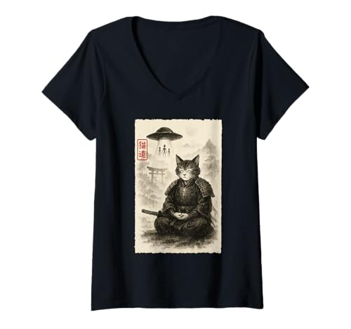 Damen Samurai Katze Alien UFO Funny Invasion Meme Sumi-e Japanisch T-Shirt mit V-Ausschnitt Damen Samurai Katze Alien UFO Funny Invasion Meme Sumi-e Japanisch T-Shirt mit V-Ausschnitt von Cat Sumi-e Kawaii Ink Painting Japanese Cute Gifts