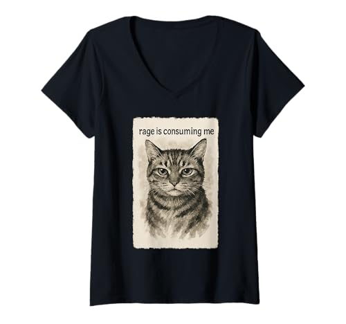 Damen Wut verzehrt Mich Lustiges dummes starrendes Katzen-Meme Sumi-e T-Shirt mit V-Ausschnitt von Cat Sumi-e Kawaii Ink Painting Japanese Cute Gifts