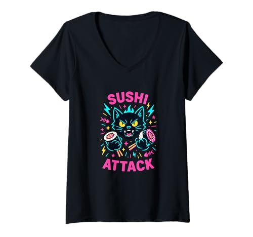 Damen Sushi Attack Lustige Katze Japanisches Essen Humor T-Shirt mit V-Ausschnitt von Cat Sushi Humor and Japanese Food Apparel