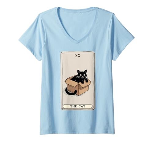 Damen The Cat Tarotkarte Katze in Box Mystic Funny Cat T-Shirt mit V-Ausschnitt Damen The Cat Tarotkarte Katze in Box Mystic Funny Cat T-Shirt mit V-Ausschnitt von Cat Tarot Card Designs
