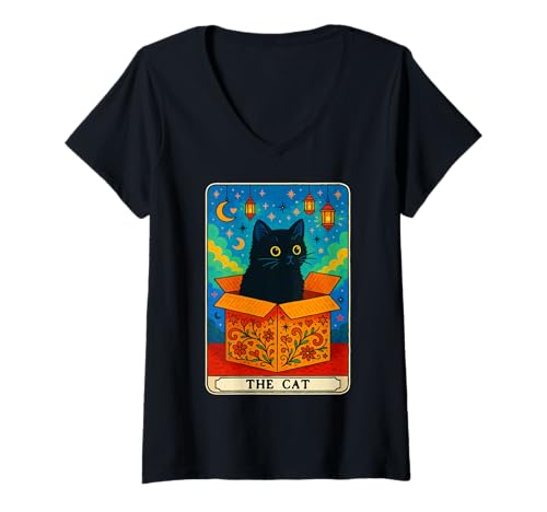 Damen The Cat Tarotkarte Katze in Box Mystic Funny Cat T-Shirt mit V-Ausschnitt Damen The Cat Tarotkarte Katze in Box Mystic Funny Cat T-Shirt mit V-Ausschnitt von Cat Tarot Card Designs
