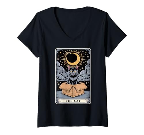 Damen The Cat Tarotkarte Katze in Box Mystic Funny Cat T-Shirt mit V-Ausschnitt Damen The Cat Tarotkarte Katze in Box Mystic Funny Cat T-Shirt mit V-Ausschnitt von Cat Tarot Card Designs