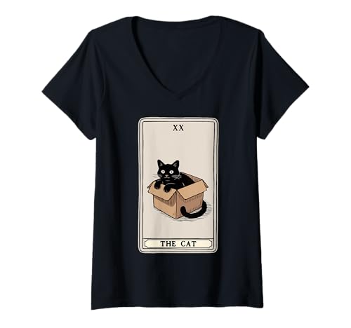 Damen The Cat Tarotkarte Katze in Box Mystic Funny Cat T-Shirt mit V-Ausschnitt Damen The Cat Tarotkarte Katze in Box Mystic Funny Cat T-Shirt mit V-Ausschnitt von Cat Tarot Card Designs