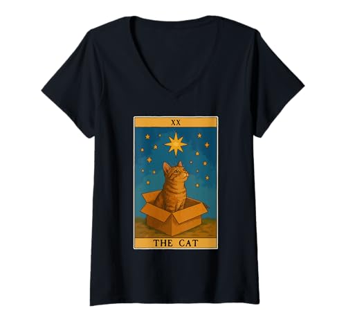 Damen The Cat Tarotkarte Katze in Box Mystic Funny Cat T-Shirt mit V-Ausschnitt Damen The Cat Tarotkarte Katze in Box Mystic Funny Cat T-Shirt mit V-Ausschnitt von Cat Tarot Card Designs