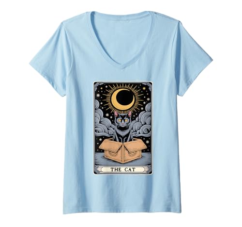 Damen The Cat Tarotkarte Mystic Cat In Box Lustige Katze T-Shirt mit V-Ausschnitt Damen The Cat Tarotkarte Mystic Cat In Box Lustige Katze T-Shirt mit V-Ausschnitt von Cat Tarot Card Designs