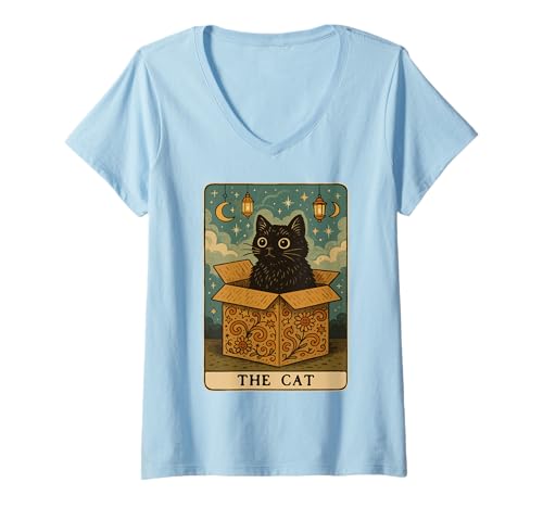 Damen The Cat Tarotkarte Mystic Cat In Box Lustige Katze T-Shirt mit V-Ausschnitt Damen The Cat Tarotkarte Mystic Cat In Box Lustige Katze T-Shirt mit V-Ausschnitt von Cat Tarot Card Designs