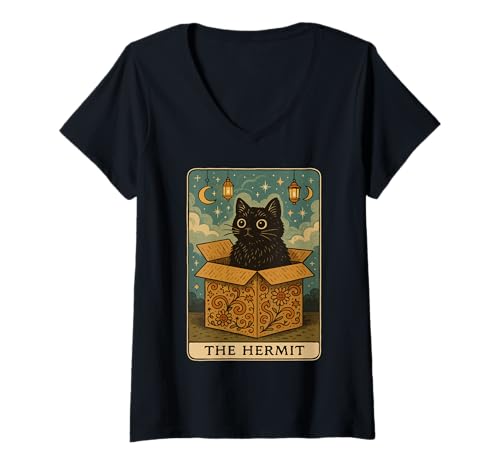 Damen The Hermit Tarotkarte Katze in Box Mystic Funny Cat T-Shirt mit V-Ausschnitt Damen The Hermit Tarotkarte Katze in Box Mystic Funny Cat T-Shirt mit V-Ausschnitt von Cat Tarot Card Designs