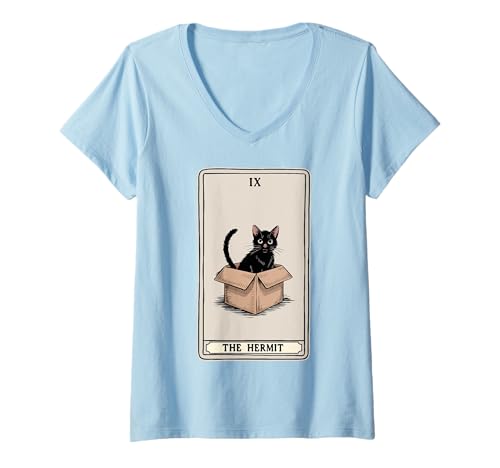 Damen The Hermit Tarotkarte Katze in Box Mystic Funny Cat T-Shirt mit V-Ausschnitt Damen The Hermit Tarotkarte Katze in Box Mystic Funny Cat T-Shirt mit V-Ausschnitt von Cat Tarot Card Designs