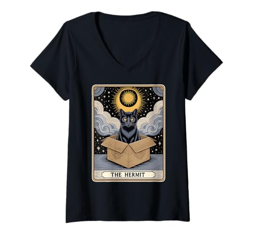 Damen The Hermit Tarotkarte Katze in Box Mystic Funny Cat T-Shirt mit V-Ausschnitt Damen The Hermit Tarotkarte Katze in Box Mystic Funny Cat T-Shirt mit V-Ausschnitt von Cat Tarot Card Designs