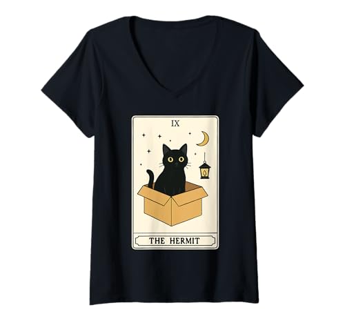 Damen The Hermit Tarotkarte Katze in Box Mystic Funny Cat T-Shirt mit V-Ausschnitt Damen The Hermit Tarotkarte Katze in Box Mystic Funny Cat T-Shirt mit V-Ausschnitt von Cat Tarot Card Designs