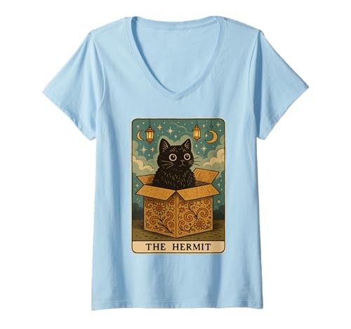 Damen The Hermit Tarotkarte Katze in Box Mystic Funny Cat T-Shirt mit V-Ausschnitt Damen The Hermit Tarotkarte Katze in Box Mystic Funny Cat T-Shirt mit V-Ausschnitt von Cat Tarot Card Designs