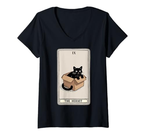 Damen The Hermit Tarotkarte Katze in Box Mystic Funny Cat T-Shirt mit V-Ausschnitt Damen The Hermit Tarotkarte Katze in Box Mystic Funny Cat T-Shirt mit V-Ausschnitt von Cat Tarot Card Designs