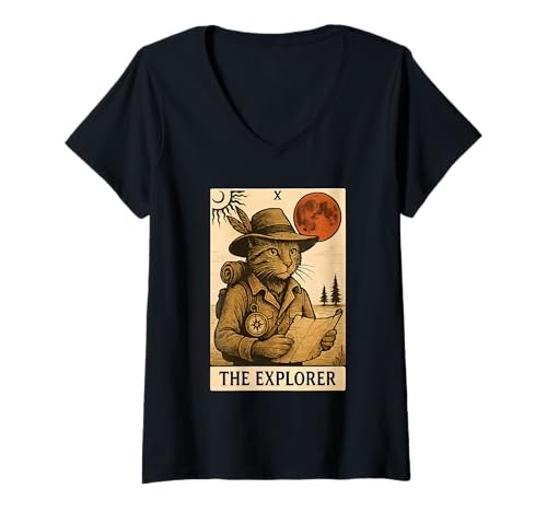 Damen Das Explorer-Katzentarot T-Shirt mit V-Ausschnitt Damen Das Explorer-Katzentarot T-Shirt mit V-Ausschnitt von Cat Tarot