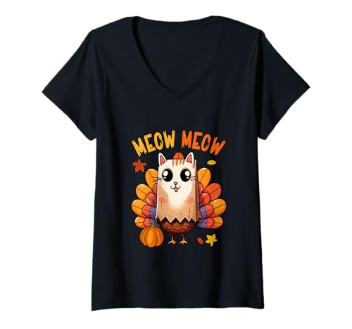 Damen Cat Sound Thanksgiving Turkey Cosplay Cat Fall Pumpkins T-Shirt mit V-Ausschnitt Damen Cat Sound Thanksgiving Turkey Cosplay Cat Fall Pumpkins T-Shirt mit V-Ausschnitt von Cat Thanksgiving Costume