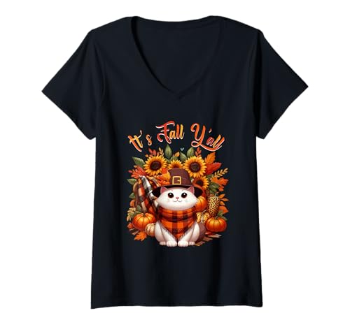 Damen Fall Y'all Thanksgiving Cat Colorful Floral Pumpkins T-Shirt mit V-Ausschnitt Damen Fall Y'all Thanksgiving Cat Colorful Floral Pumpkins T-Shirt mit V-Ausschnitt von Cat Thanksgiving Costume