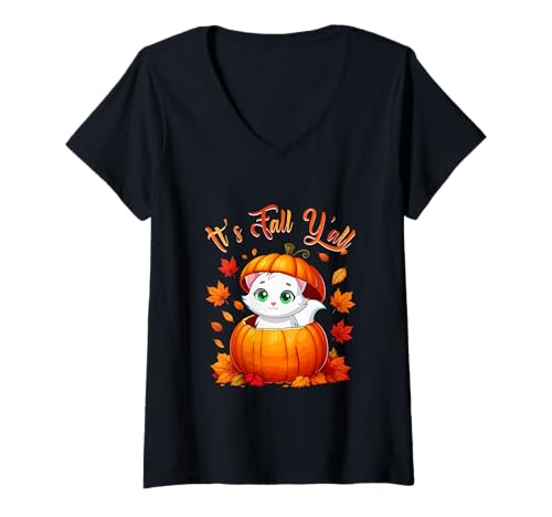 Damen Fall Y'all Thanksgiving Cat Inside Pumpkin Fall Leaves T-Shirt mit V-Ausschnitt Damen Fall Y'all Thanksgiving Cat Inside Pumpkin Fall Leaves T-Shirt mit V-Ausschnitt von Cat Thanksgiving Costume