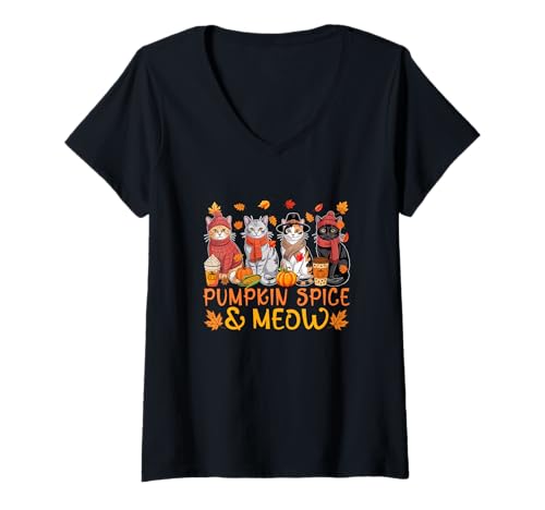 Damen Pumpkin Spice Thanksgiving Group Cats Sound Farmer Pilgrim T-Shirt mit V-Ausschnitt Damen Pumpkin Spice Thanksgiving Group Cats Sound Farmer Pilgrim T-Shirt mit V-Ausschnitt von Cat Thanksgiving Costume