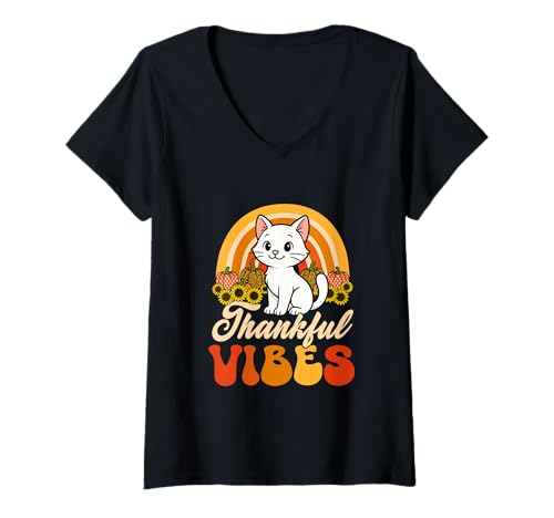 Damen Thankful Funny Vibes Thanksgiving Cat Floral Rainbow T-Shirt mit V-Ausschnitt Damen Thankful Funny Vibes Thanksgiving Cat Floral Rainbow T-Shirt mit V-Ausschnitt von Cat Thanksgiving Costume