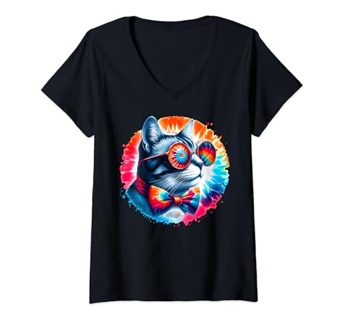 Damen Batik-Sonnenbrille, amerikanische Kurzhaar-Katze, Illustrationskunst T-Shirt mit V-Ausschnitt von Cat Tie Dye Sunglasses Graphic Art Store