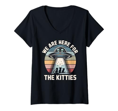 Damen Wir sind Hier für die Kitties UFO Cat T-Shirt mit V-Ausschnitt Damen Wir sind Hier für die Kitties UFO Cat T-Shirt mit V-Ausschnitt von Cat UFO Abduction