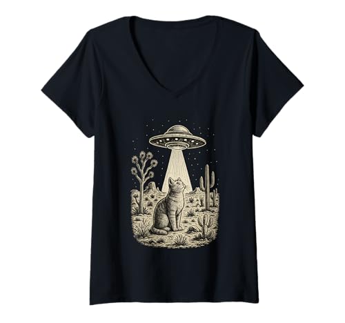 Damen Vintage Cowboy Alien Cat UFO Western Desert Retro 90er Jahre T-Shirt mit V-Ausschnitt von Cat UFO Wild West Kitten Ideas