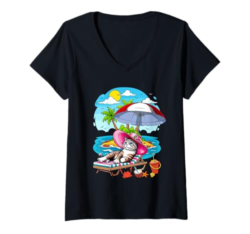 Damen Cat Relaxing Summer Costume Traveling Beach Lover Farmer T-Shirt mit V-Ausschnitt Damen Cat Relaxing Summer Costume Traveling Beach Lover Farmer T-Shirt mit V-Ausschnitt von Cat Vacations Costume