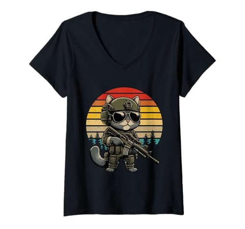 Damen Vintage Retro Cat Sunglasses Costume Veteran Soldier Lover T-Shirt mit V-Ausschnitt Damen Vintage Retro Cat Sunglasses Costume Veteran Soldier Lover T-Shirt mit V-Ausschnitt von Cat Vacations Costume