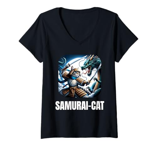 Damen Samurai-Katze, Drache T-Shirt mit V-Ausschnitt Damen Samurai-Katze, Drache T-Shirt mit V-Ausschnitt von Cat Warrior Art