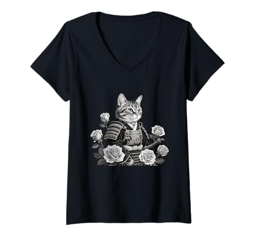 Damen Samurai-Katze, Drache T-Shirt mit V-Ausschnitt Damen Samurai-Katze, Drache T-Shirt mit V-Ausschnitt von Cat Warrior Art