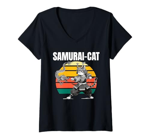 Damen Samurai-Katze, Drache T-Shirt mit V-Ausschnitt Damen Samurai-Katze, Drache T-Shirt mit V-Ausschnitt von Cat Warrior Art