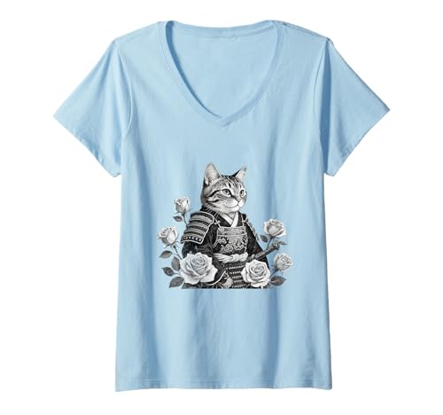 Damen Samurai-Katze, Drache T-Shirt mit V-Ausschnitt Damen Samurai-Katze, Drache T-Shirt mit V-Ausschnitt von Cat Warrior Art