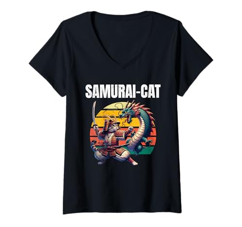 Damen Samurai-Katze, Drache T-Shirt mit V-Ausschnitt Damen Samurai-Katze, Drache T-Shirt mit V-Ausschnitt von Cat Warrior Art