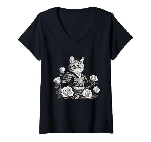 Damen Samurai-Katze, Drache T-Shirt mit V-Ausschnitt Damen Samurai-Katze, Drache T-Shirt mit V-Ausschnitt von Cat Warrior Art