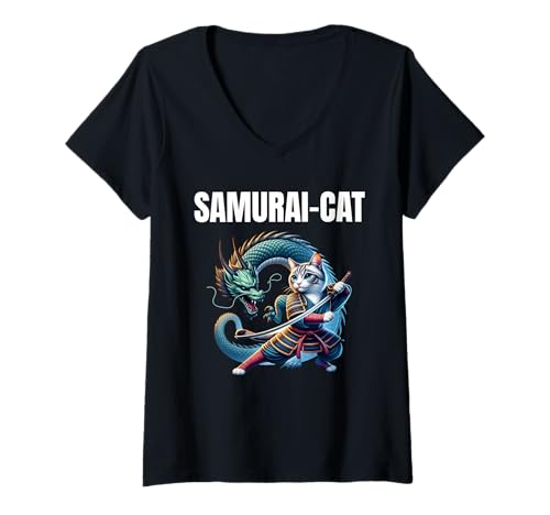 Damen Samurai-Katze, Drache T-Shirt mit V-Ausschnitt Damen Samurai-Katze, Drache T-Shirt mit V-Ausschnitt von Cat Warrior Art