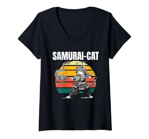 Damen Samurai-Katze, Drache T-Shirt mit V-Ausschnitt Damen Samurai-Katze, Drache T-Shirt mit V-Ausschnitt von Cat Warrior Art