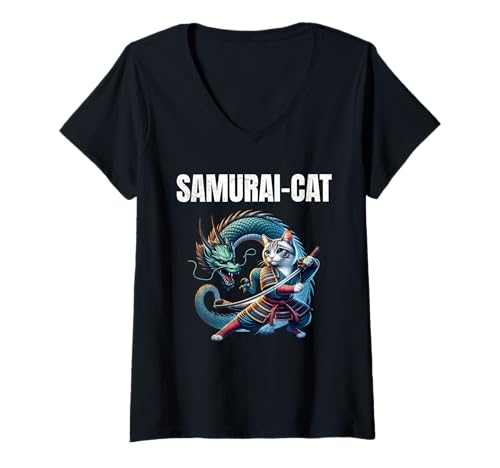 Damen Samurai-Katze, Drache T-Shirt mit V-Ausschnitt Damen Samurai-Katze, Drache T-Shirt mit V-Ausschnitt von Cat Warrior Art