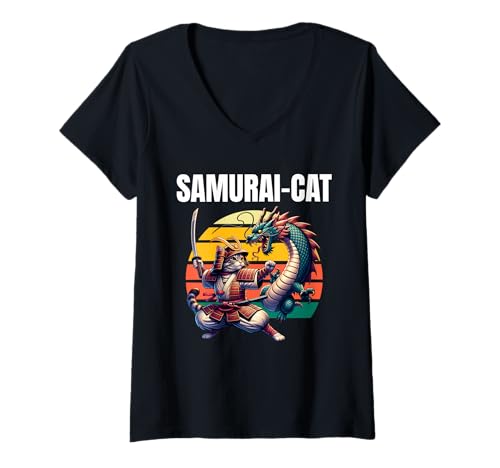Damen Samurai-Katze, Drache T-Shirt mit V-Ausschnitt Damen Samurai-Katze, Drache T-Shirt mit V-Ausschnitt von Cat Warrior Art