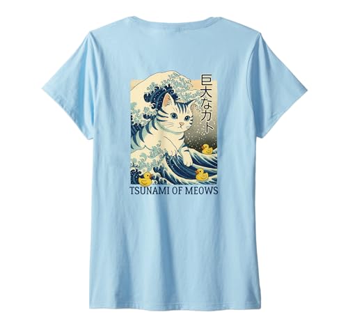 Damen Tsunami of Meows Funny Cat Wave Japanisches Kanji im Vintage-Stil, Rückseite T-Shirt mit V-Ausschnitt Damen Tsunami of Meows Funny Cat Wave Japanisches Kanji im Vintage-Stil, Rückseite T-Shirt mit V-Ausschnitt von Cat Wave Japan Classics outfits