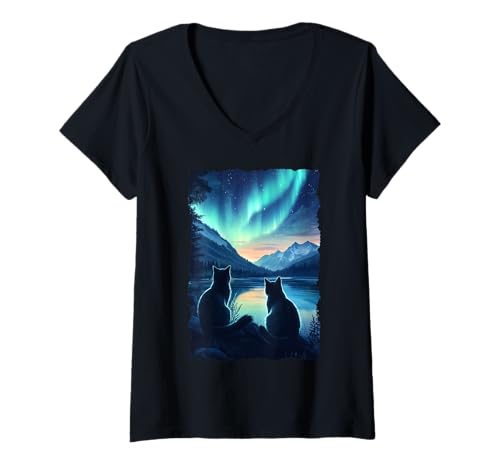 Damen Cat Dad Cat Mom Nature Kittens Feline Northern Lights T-Shirt mit V-Ausschnitt von Cat Wear