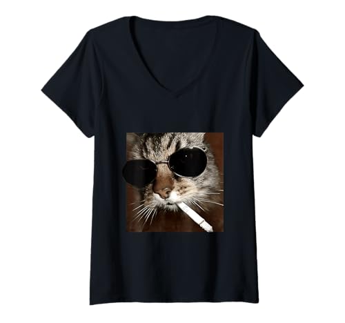 Damen Cat Meme trägt Sonnenbrille und rauchende Zigarette Gangster-Katze T-Shirt mit V-Ausschnitt von Cat Wearing Sunglass And Smoking Cigarette