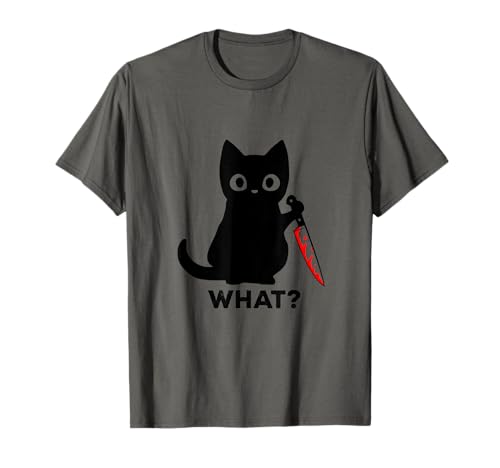 Cat What? Lustige schwarze Katze mit Messer für Herren und Damen T-Shirt von Cat What? Funny Black Cat With Knife Graphics