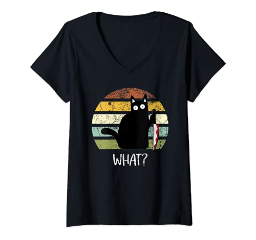 Damen Cat What? Funny Halloween Black Cat With Knife T-Shirt mit V-Ausschnitt Damen Cat What? Funny Halloween Black Cat With Knife T-Shirt mit V-Ausschnitt von Cat What? Halloween Black Cat With Knife